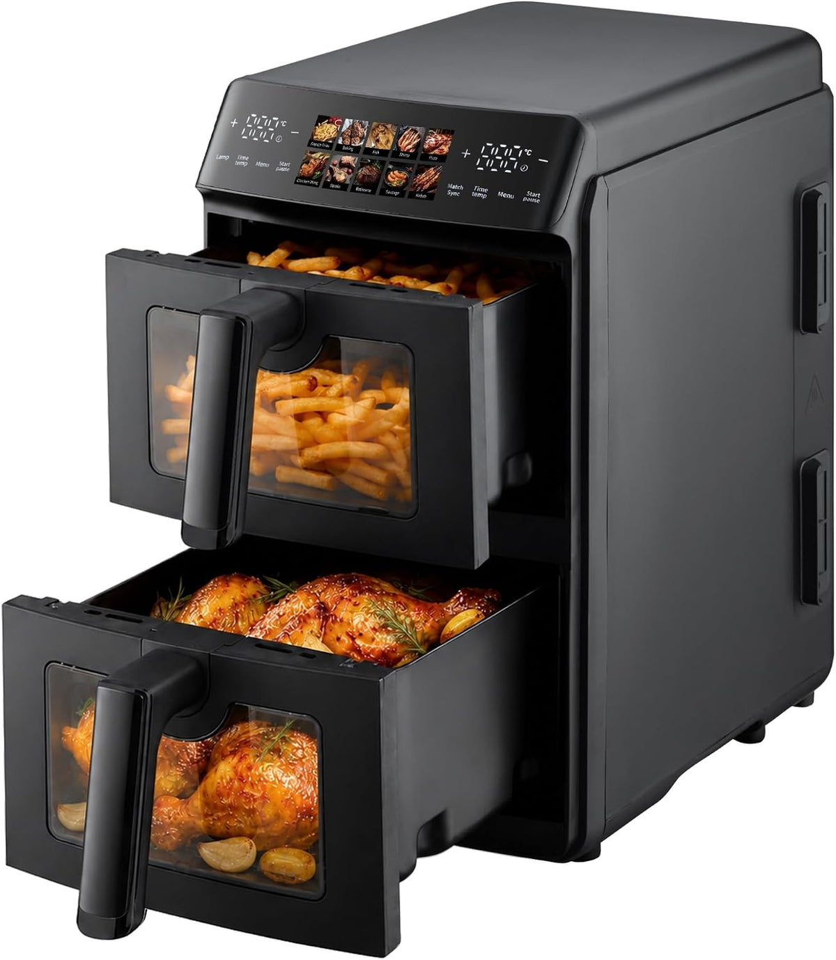 Just Perfecto Friteuse sans Huile 10L Double Bac Écran Tactile Noir, 2 bacs indépendants, fenêtre de visualisation, cuisson sans huile