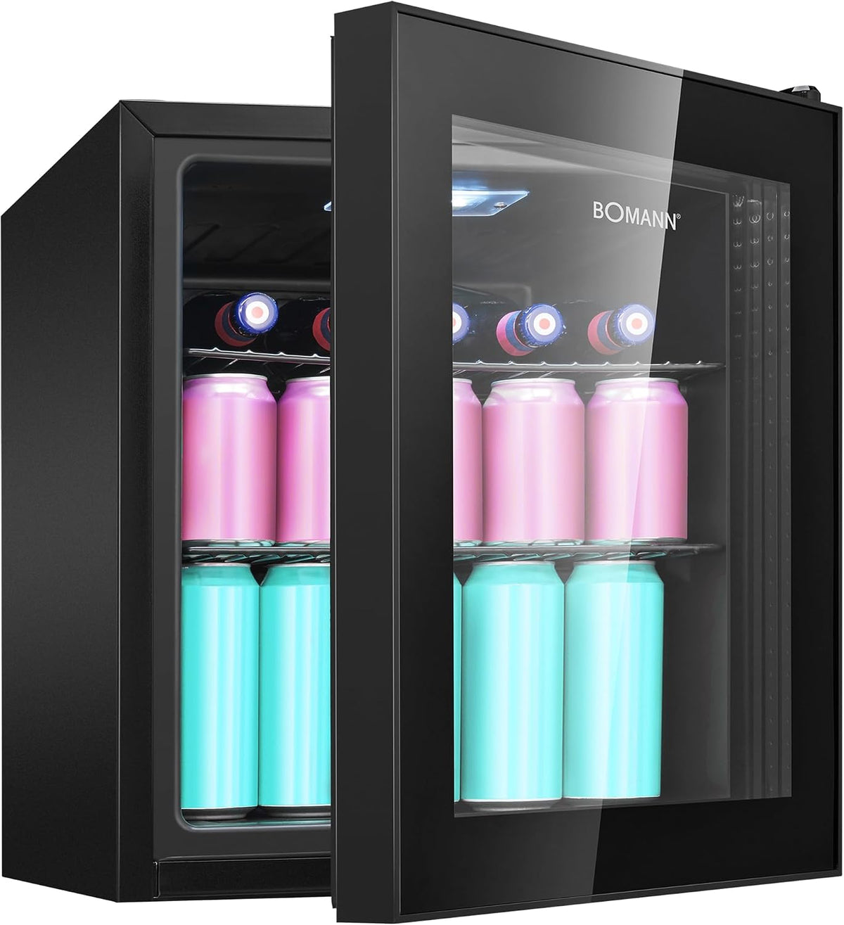 Bomann Réfrigérateur à Boissons 46 L KSG 7291, Éclairage LED, Noir, éclairage LED, contrôle +3 à +18 °C, 2 étagères câblées, porte double vitrage