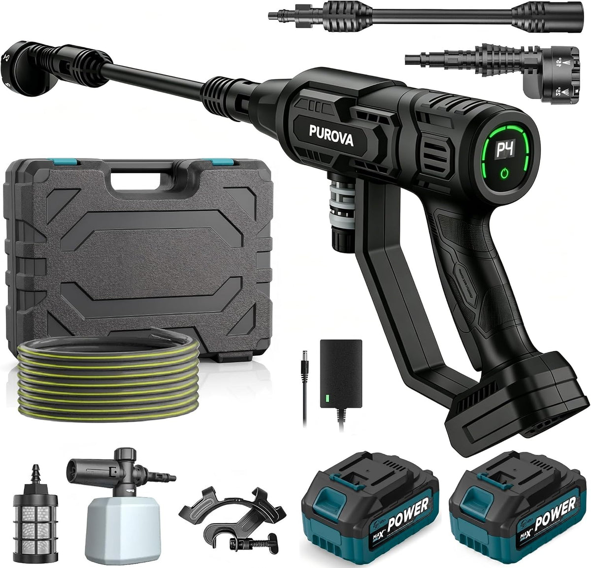 Nettoyeur Haute Pression sans Fil 125 Bar avec 2 Batteries 4.0Ah, Moteur sans Balais 1500W & Écran LCD, 4 Niveaux de Pression, Débit 600 L/h