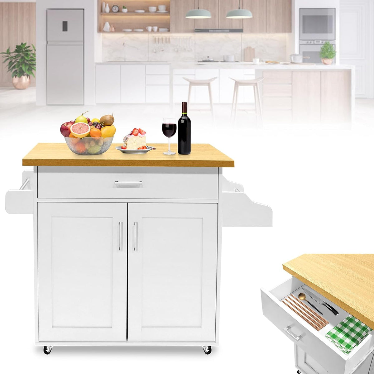 LZQ Chariot de cuisine mobile - Avec plan de travail - Chariot à roulettes - 115 x 36 x 90 cm - Blanc