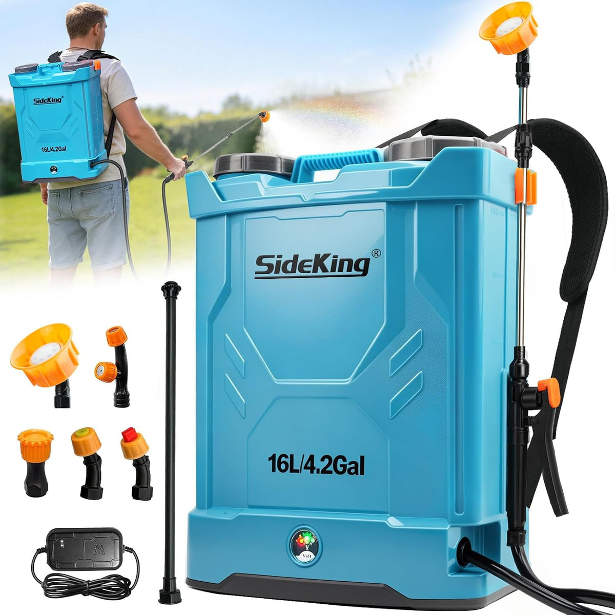 SideKing Pulvérisateur Électrique à Dos 16L, Pulvérisateur de Jardin Pression Réglable Jusqu'à 8,3 Bars, 2 Lances, Dossier Ergonomique, 5 Buses