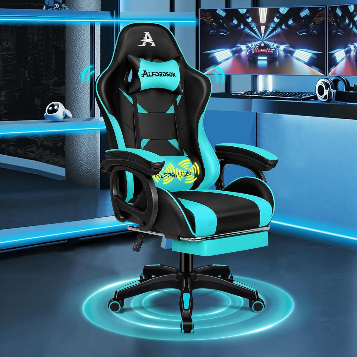 ALFORDSON Chaise Gaming Fauteuil Gamer, Chaise de Bureau Ergonomique avec Massant 2 Points, Repose Pied, Réglable Appui-tête Support Lombaire