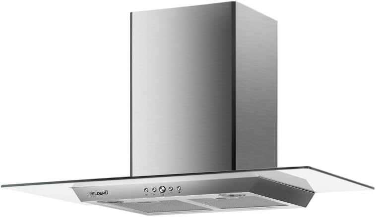 BELDEKO Hotte décorative murale 90 cm, Verre & Inox, 200 Watts - Débit 560 m³/h, 3 vitesses + LED, Recyclage ou évacuation, Marque française