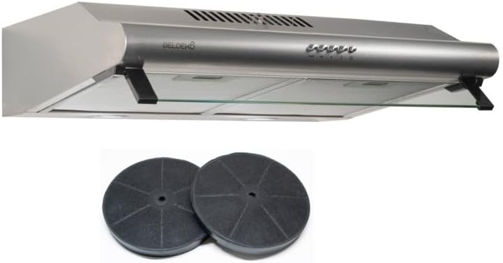 Hotte casquette visière BELDEKO 60 cm, inox, double moteur 200 W, débit 435 m³/h, filtres à charbon inclus, 3 vitesses, éclairage LED