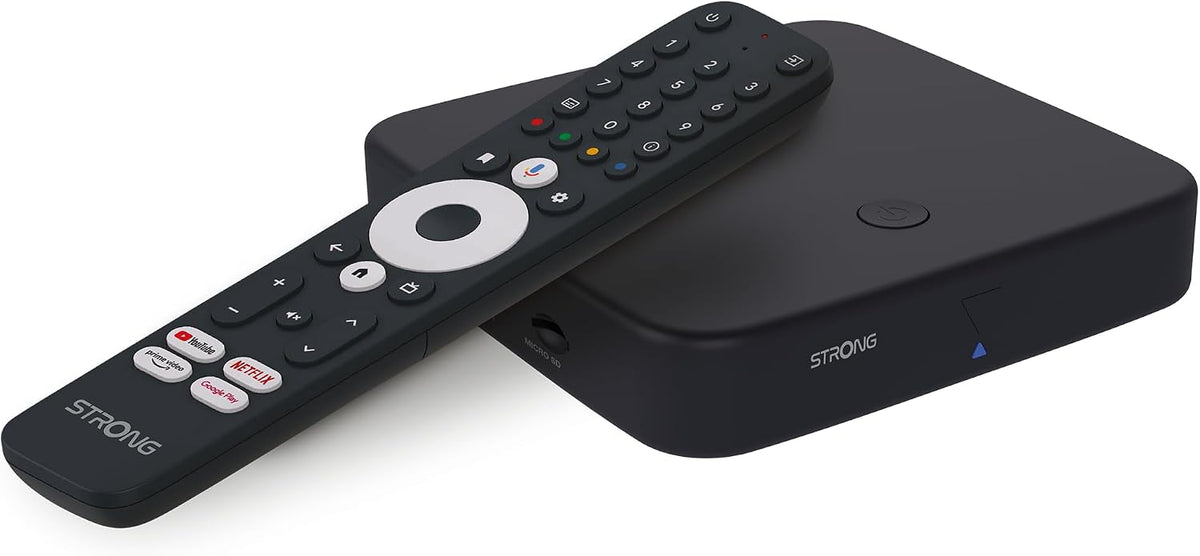 Strong SRT423 - Android TV Box - 4K UHD - DVB-T2 et récepteur câble - Certifié Google - Wi-FI Double Bande 5 - Chromecast - Bluetooth