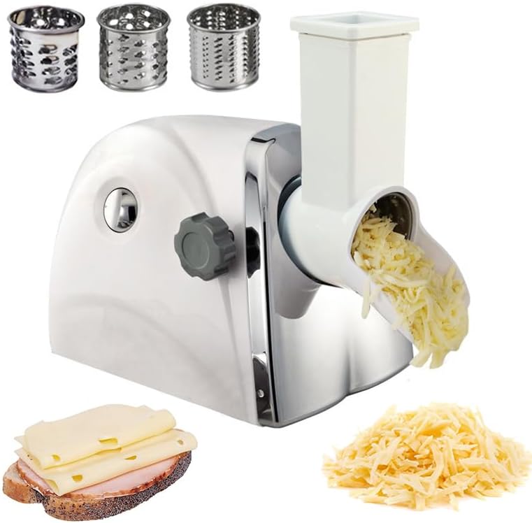 Râpe électrique et trancheuse avec 3 lames en acier inoxydable, puissance de 300 W, capacité de 60 kg/h, facile à nettoyer pour la cuisine