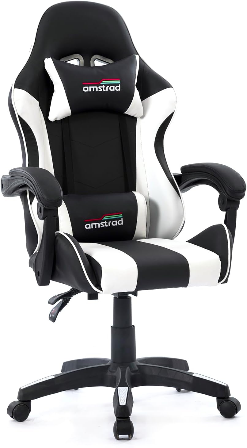 Amstrad AMS-800-WHITE Fauteuil/Chaise de Bureau Gamer Coloris Noir & Blanc - Coussin Lombaire & appuie tête