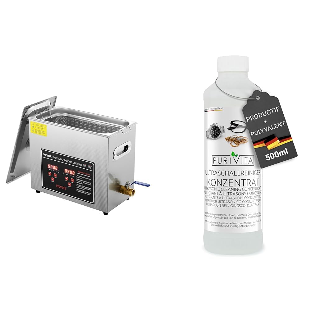 VEVOR Nettoyeur à Ultrasons 6L en Acier Inoxydable Bac Ultrasons Numérique avec Chauffage Temps & PURIVITA