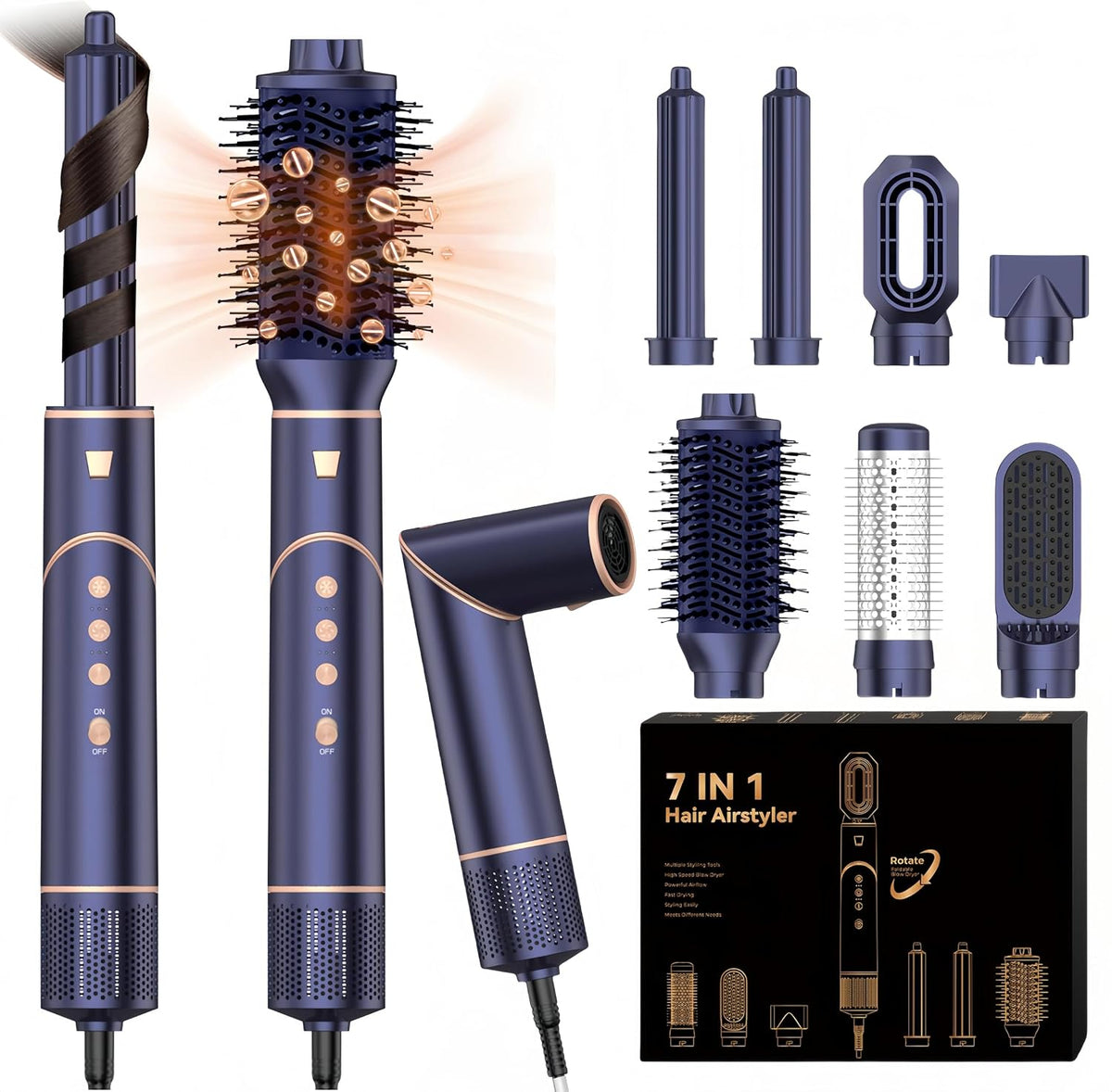 Pro Air Brush Styler 7 en 1 Brosse Soufflante Sèche Cheveux Haute Vitesse Sèche-cheveux Ionique 110,000 tr/min avec 7 Accessoires de Coiffure Femme