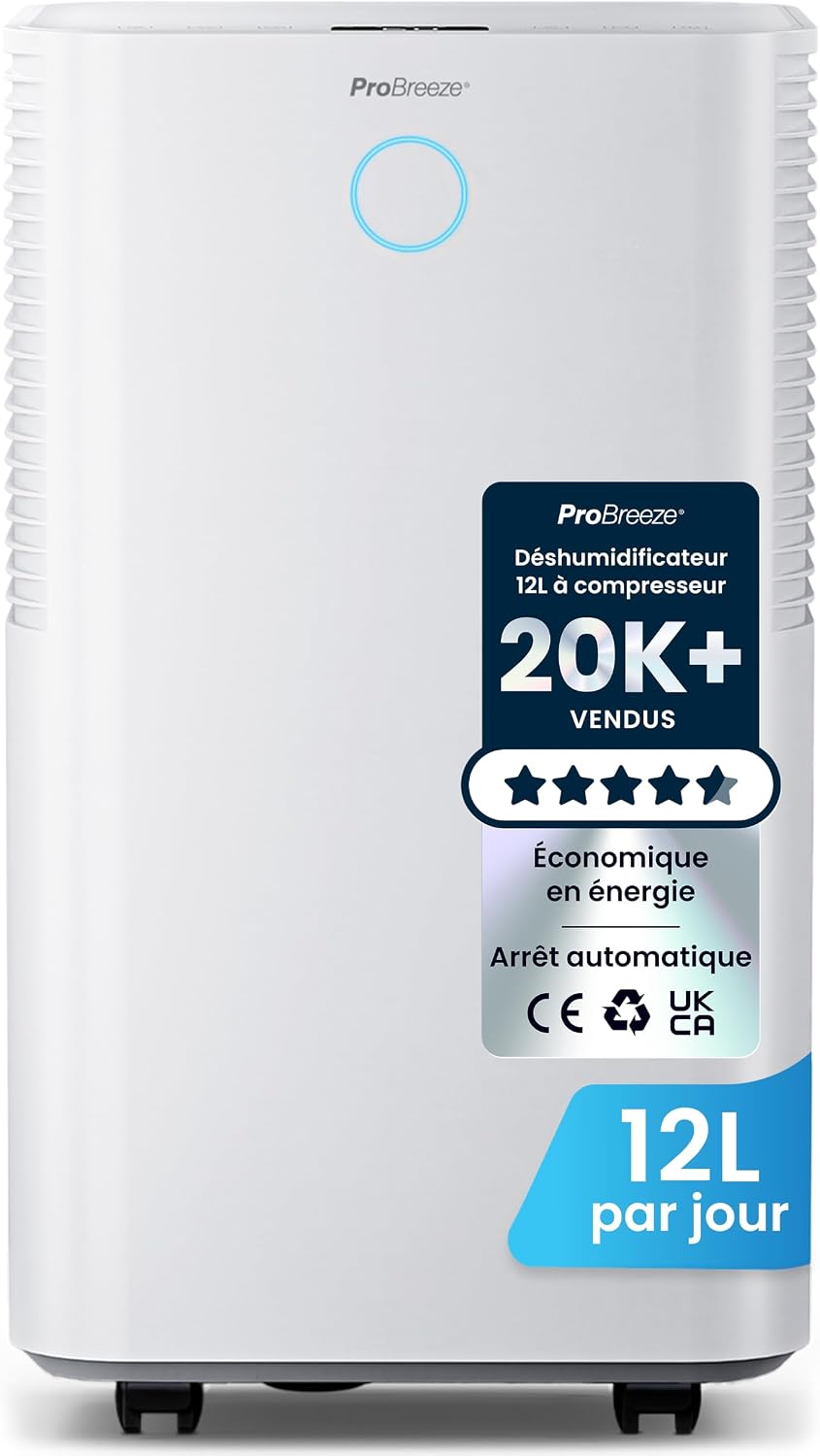 Pro Breeze Déshumidificateur Compresseur 12 L/jour avec capteur d'humidité automatique, Séchage du linge, Drainage continu