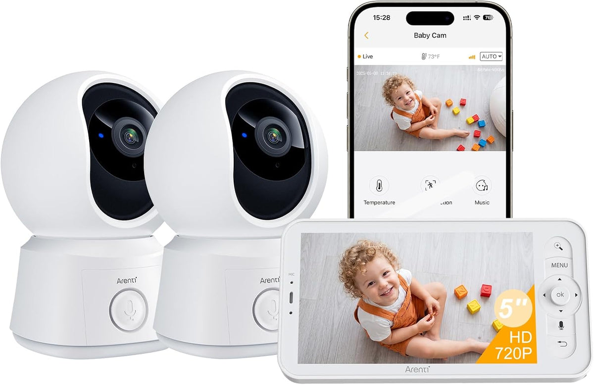 ARENTI Babyphone vidéo PTZ 1080P avec caméra avec écran 5', babyphone avec 2 caméras et Application, Appel en Une Touche, capteur de température