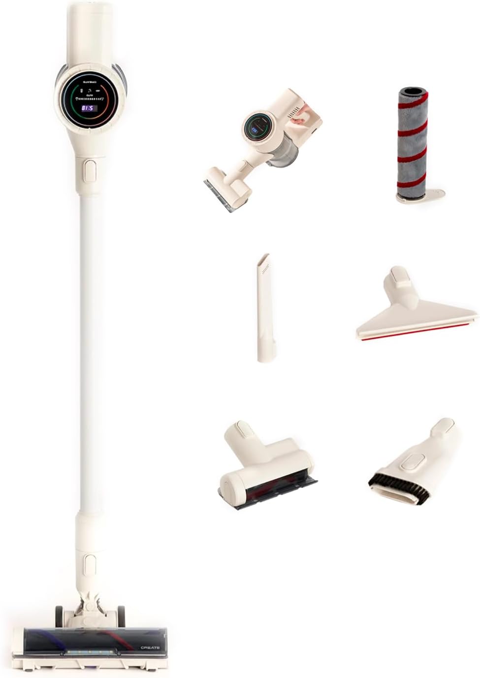 CREATE / Cyclone Force Pro/Aspirateur Balai sans Fil Blanc cassé/Batterie Longue durée, 25,9V, autonomie de 70 Min, écran numérique, Filtre HEPA