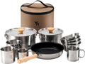 Batterie de Cuisine Camping 11 Pièces, Cookware Kit en Acier Inoxydable, Accessoire Camping Légère, Vaisselle Pliante pour 2-4 Personnes