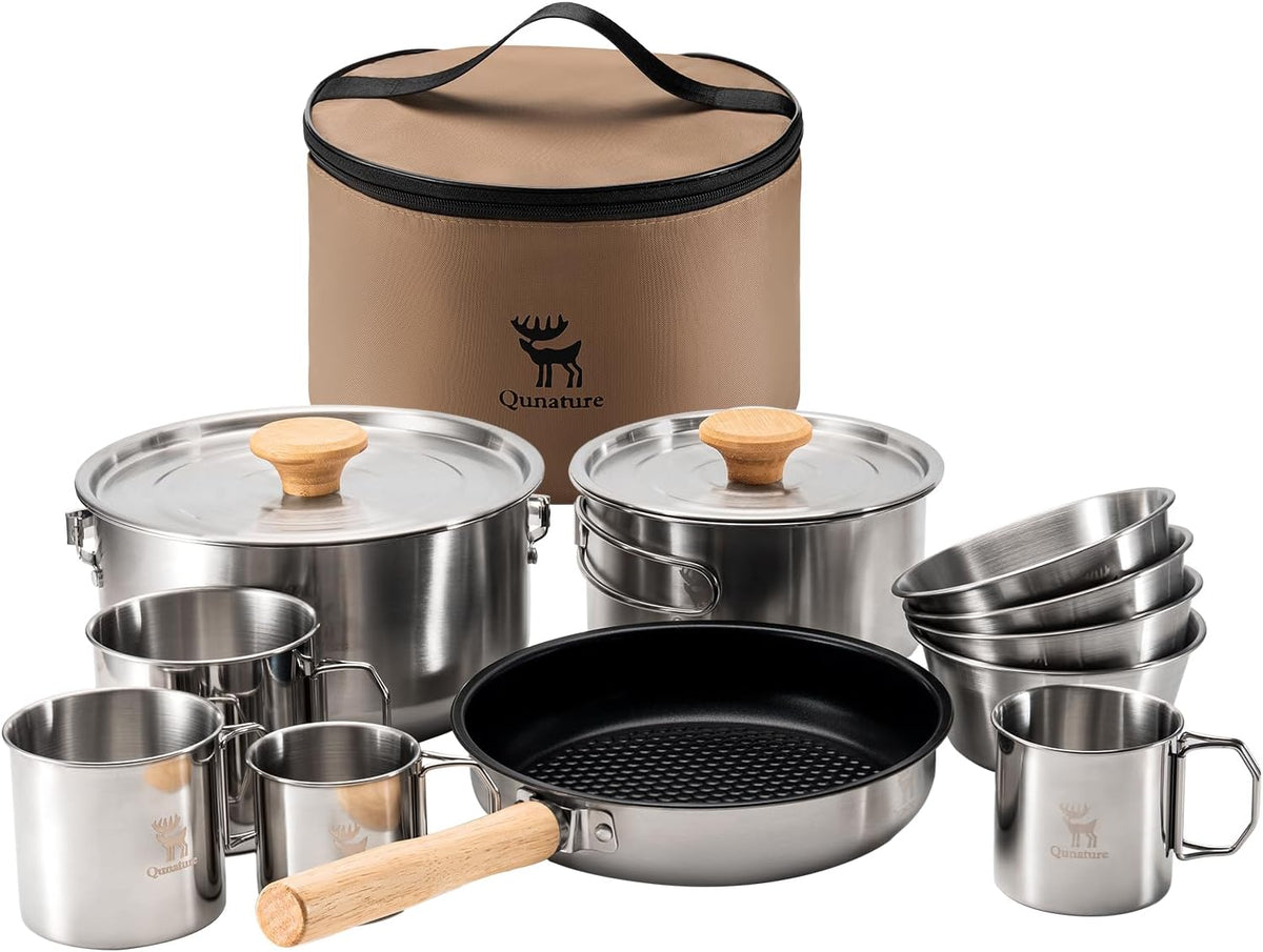 Batterie de Cuisine Camping 11 Pièces, Cookware Kit en Acier Inoxydable, Accessoire Camping Légère, Vaisselle Pliante pour 2-4 Personnes