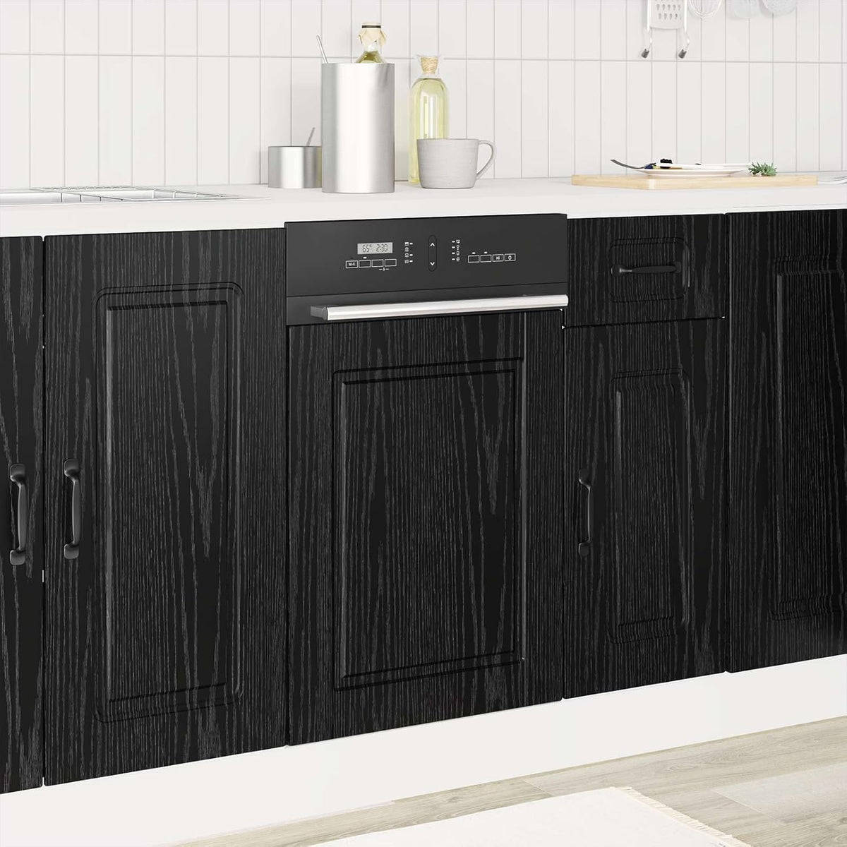 Panneau de Lave-Vaisselle Porto en Bois d'ingénierie chêne Noir 45 x 1,5 x 57 cm, Meuble Rangement Cuisine avec Porte, étagère, tiroir et casier