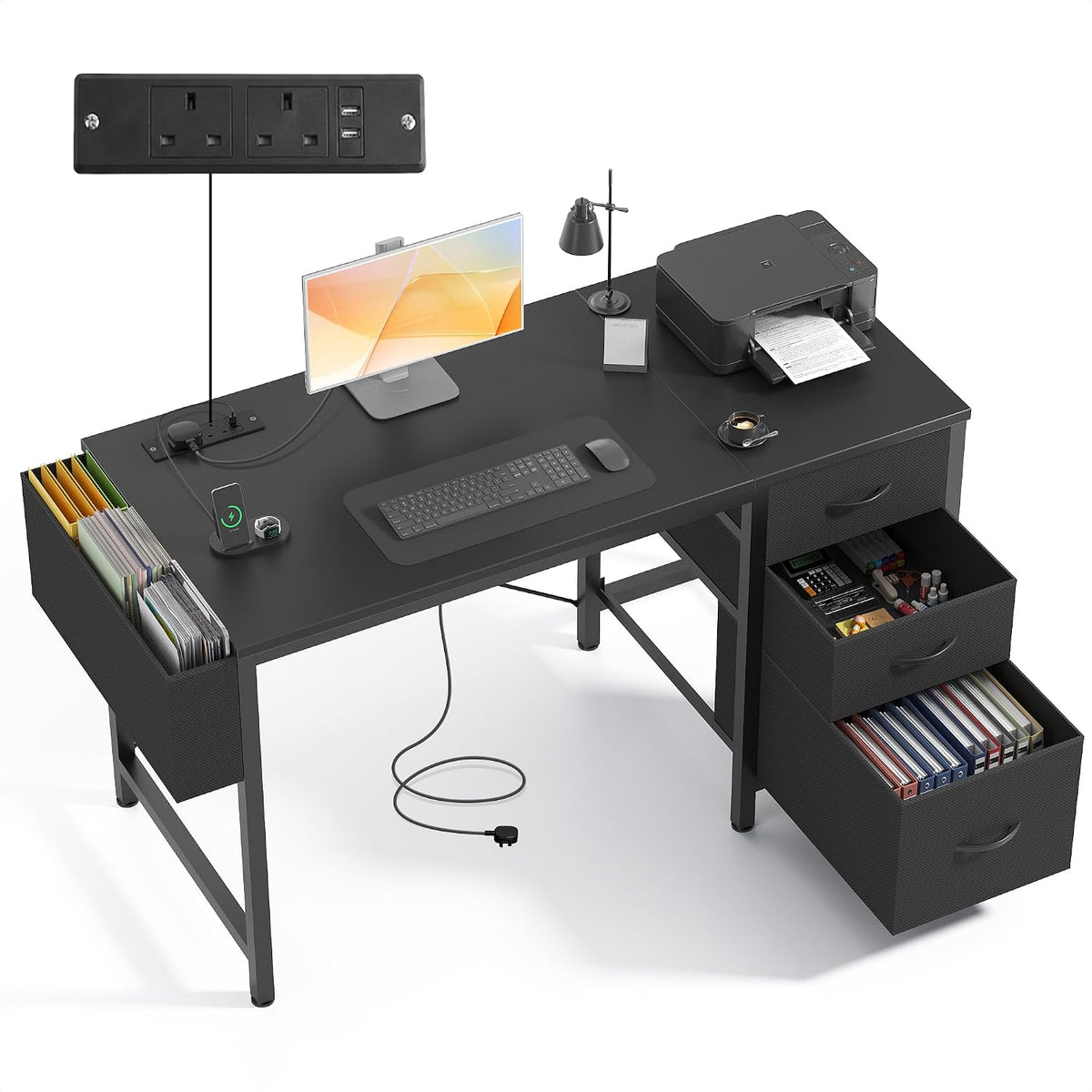 Claiks Bureau avec Prise Intégrée et Rangement 120 x 60 cm, Bureau D'ordinateur avec 3 Tiroirs en Tissu