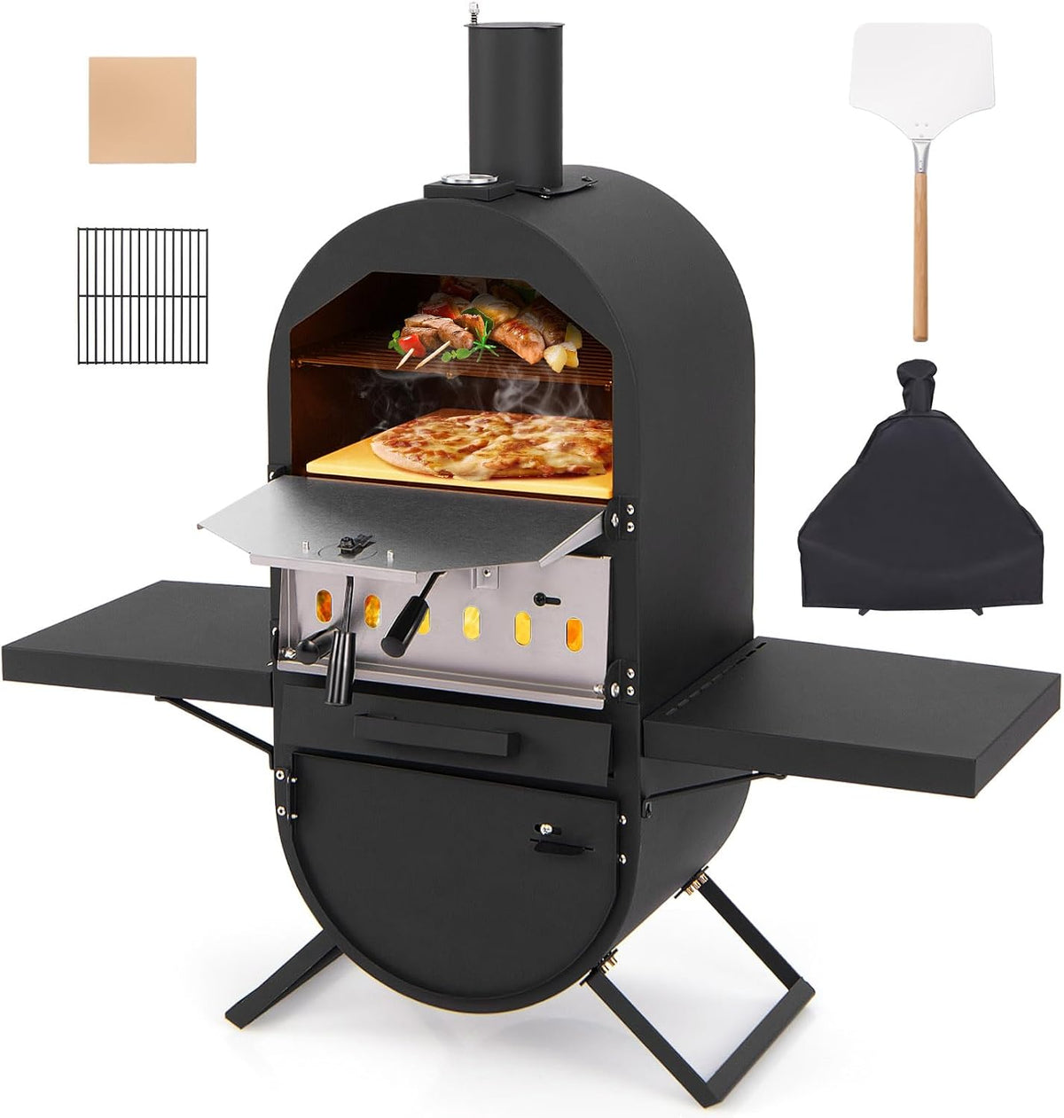 GOPLUS Four a Pizza à Bois, 31cm Pierre à Pizza, Pelle à Pizza, Grille de Cuisson, Thermomètre & Housse de Protection