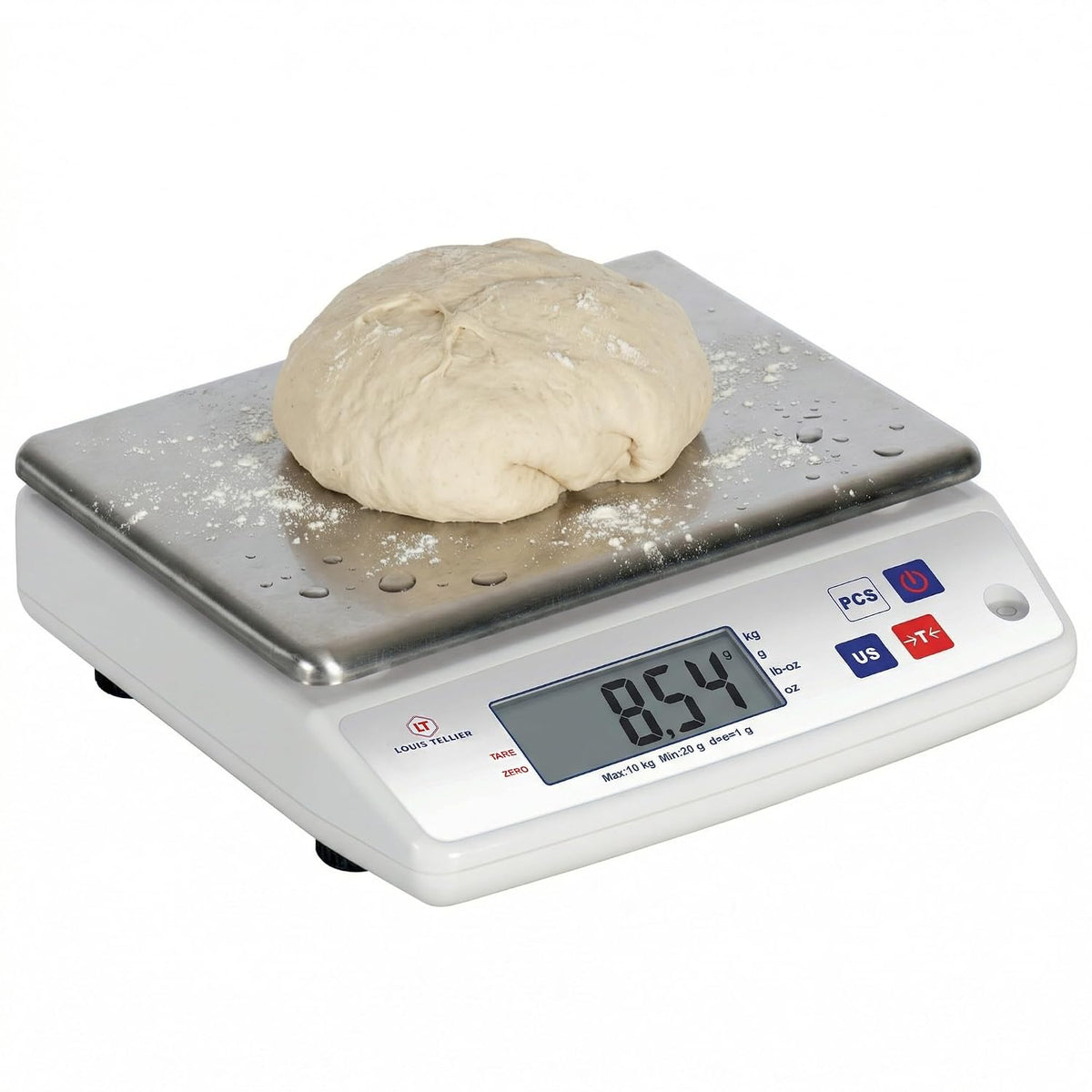 Louis Tellier - Balance cuisine professionnelle électronique 10kg/1g IP53, Précision 1g, plateau inox amovible 22x16,5cm, tare, comptage pièces