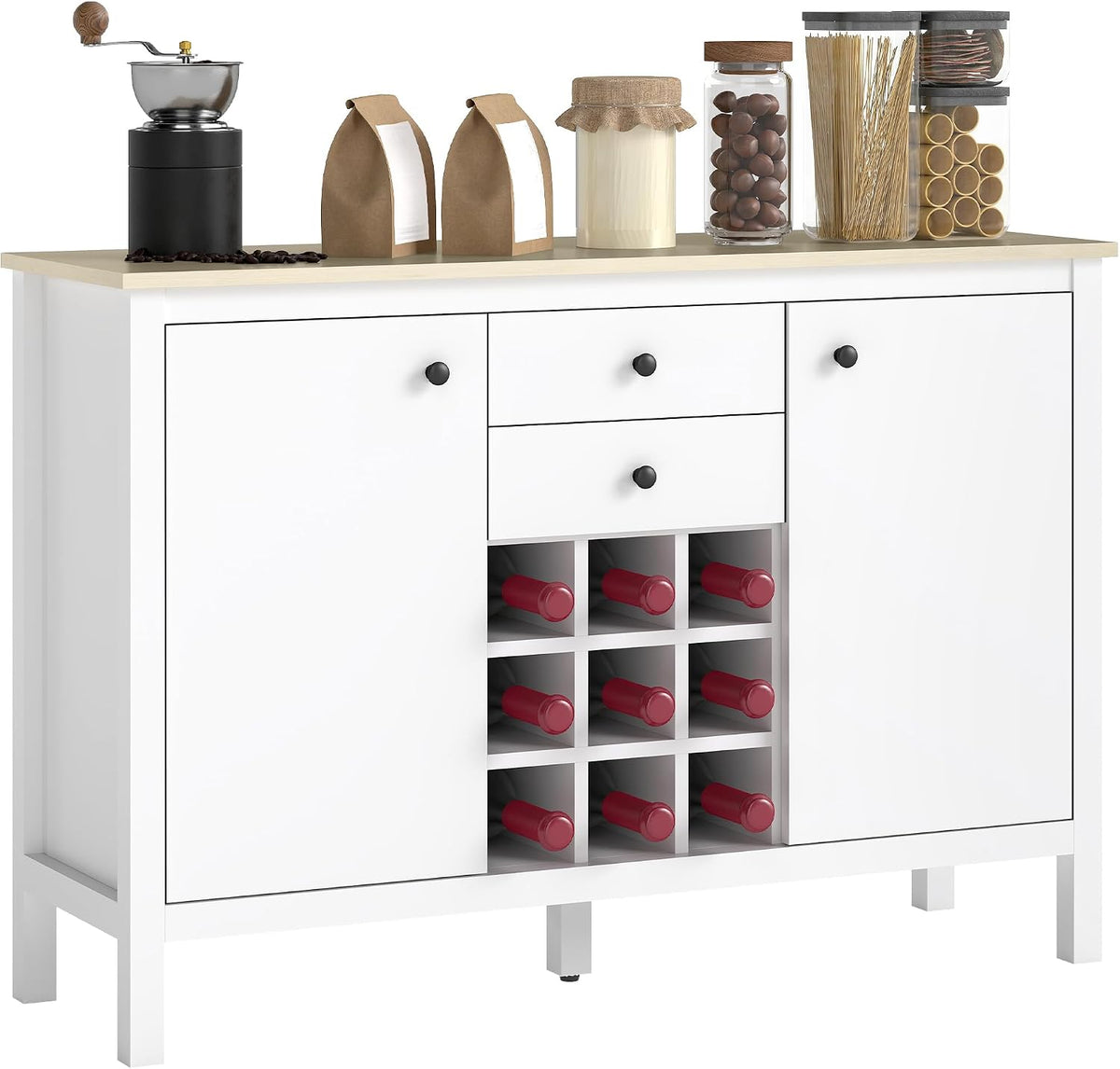 HOMCOM Buffet Meuble de Rangement avec 2 tiroirs, 2 Portes étagères réglables et Porte-Bouteilles pour 9 Bouteilles, 110 x 35 x 75 cm