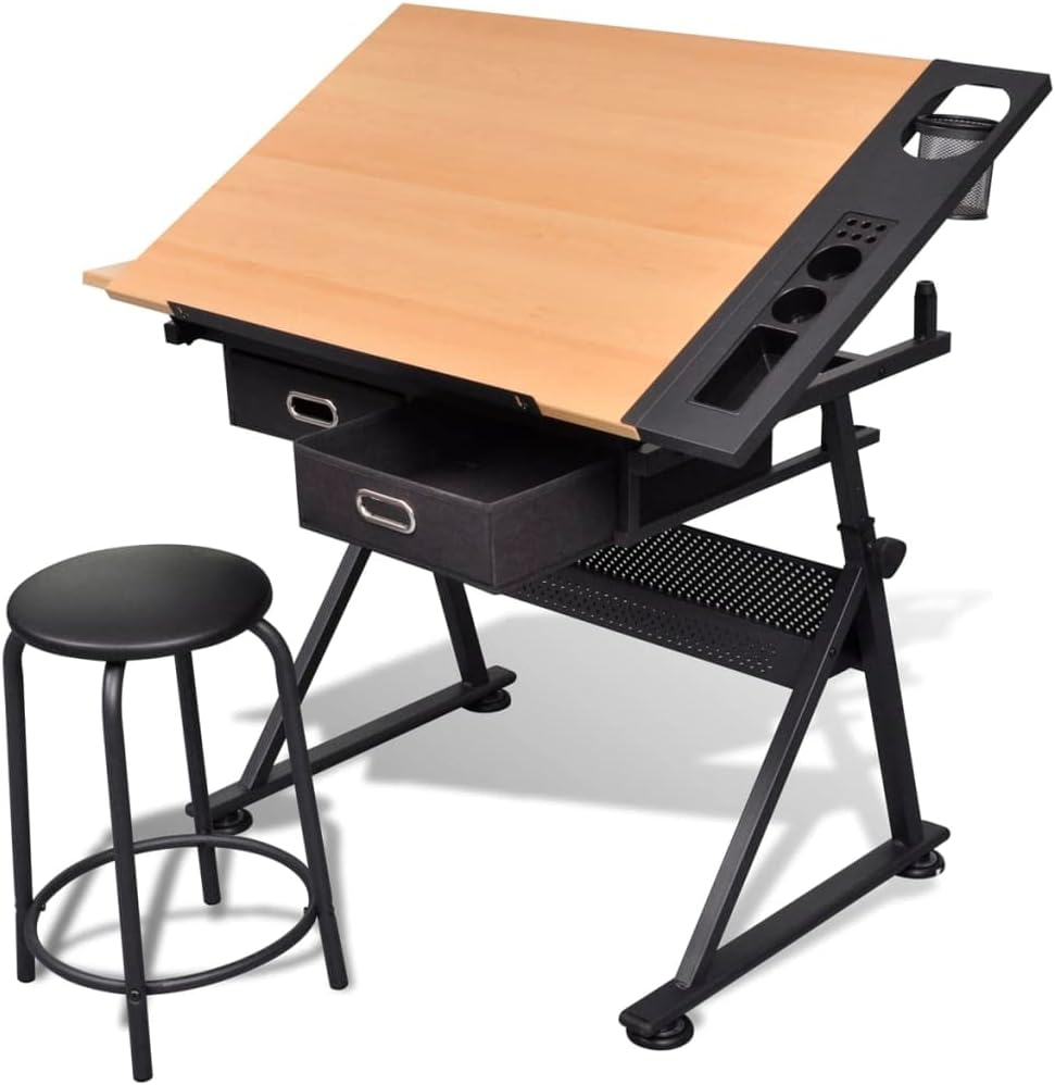 vidaXL Table à Dessin Inclinable 2 Tiroirs et Tabouret Bureau d'Ecriture