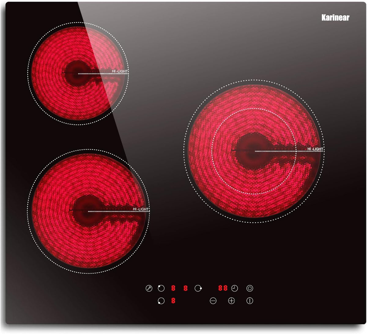 Karinear Plaque Vitrocéramique 3 Feux 5200W, Plaque Electrique Encastrable 59CM, Anneaux intérieur et extérieur, Commande Tactile, Minuterie