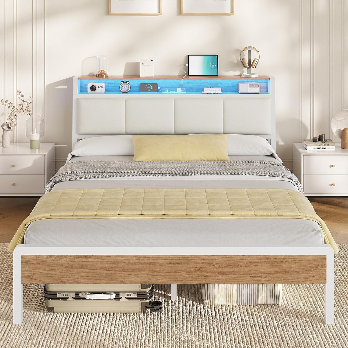 Lit 140x190 avec Sommier, Lit Double avec LED Réglable et Multiprise, Étagères Ouvertes et Rangement sous Sommier, Cadre de Lits 140x190 Capitonné