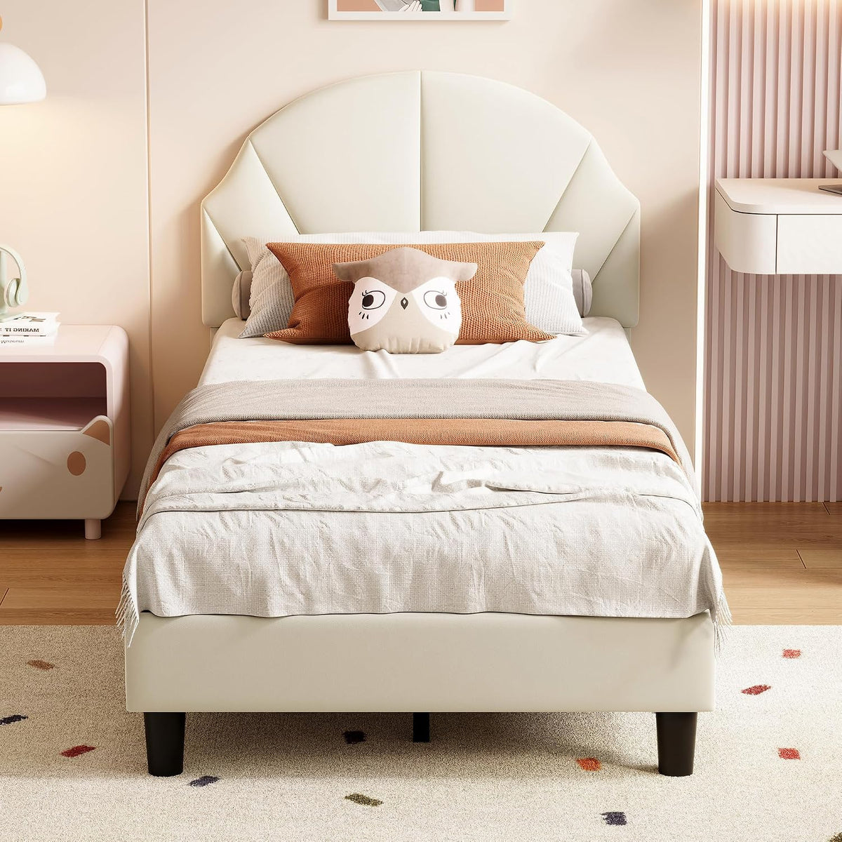 Lit Enfant 90×200cm Velours Beige, Cadre de lit rembourré tête de lit Confort, sommier à Lattes Inclus, lit Simple 1 Place pour Chambre Fille (Beige
