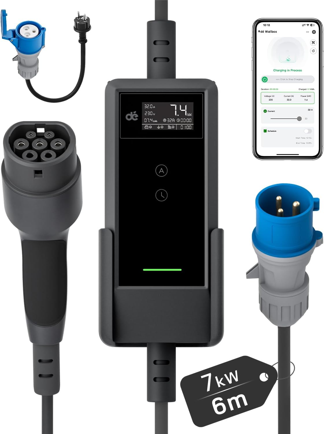dé Chargeur Voiture Electrique 7kW APP 6m, 1-Phase, 6A-32A Chargeur Voiture Electrique Type 2 P17 avec Puissance Réglable à Distance