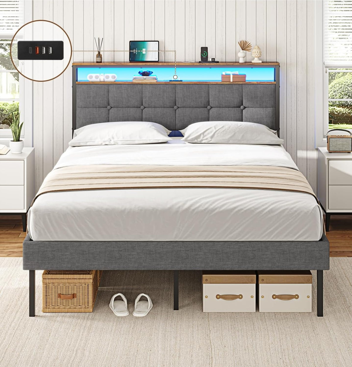 AOGLLATI Lit 2 Personnes avec Multiprise et LED Réglable, Cadre de Lit 140x190 avec Sommier Métal, Capitonnée en Lin Gris, sans Matelas