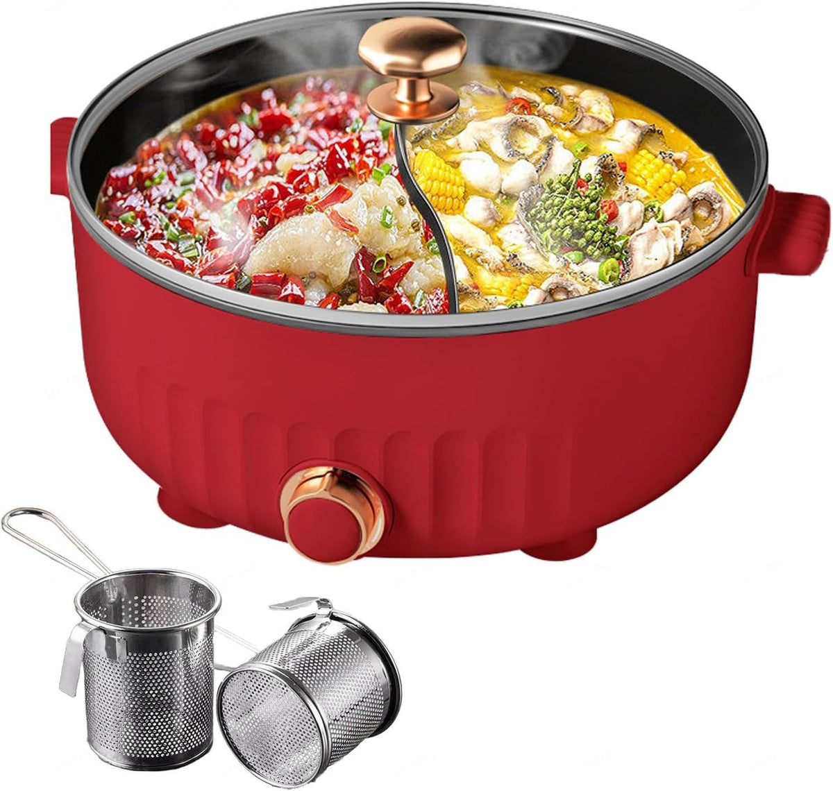 ARTSIM Hot Pot, Feu à Trois Vitesses Fondue Chinoise Electrique Convient Aux FêTes d'anniversaire (avec 2 Filets Non éTanches), Red