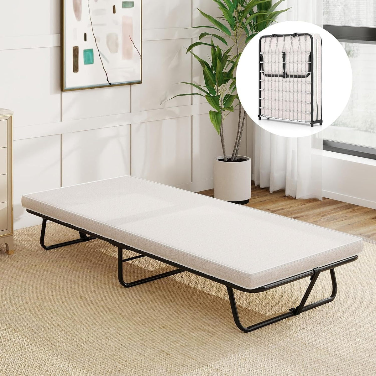 COSTWAY Lit Pliant 1 Personne 80x190 cm avec Matelas 7 cm, Lit d'Appoint Pliable Mousse à Mémoire de Forme, Structure Métallique à 4 roulettes