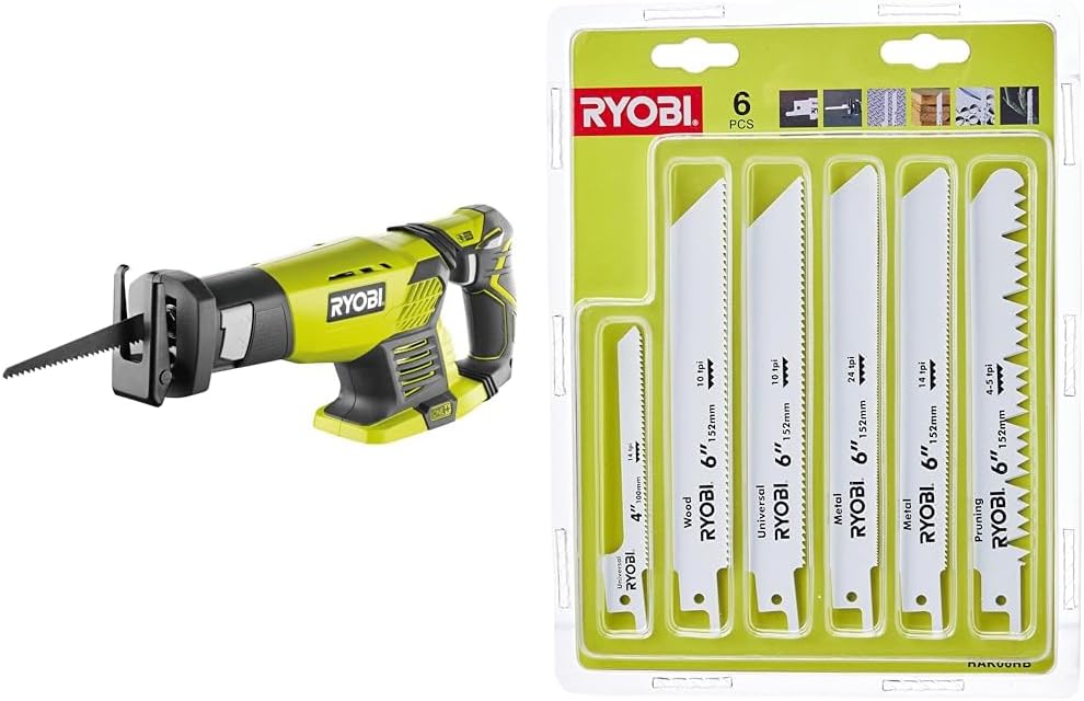 Ryobi Rrs 1801 M Scie Sabre sans Fil & 4892210119285 Blister 6 Lames Panachées Scie Sabre, Argent