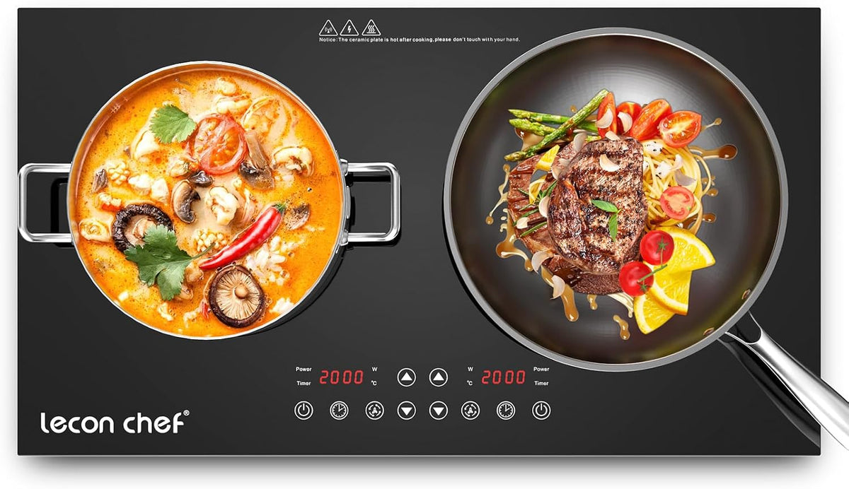 Double Plaque de cuisson à induction, 2 Feux 2000W + 2000W, Contrôle Indépendant, 10 Niveaux de Température et de Puissance, Ecran Tactile