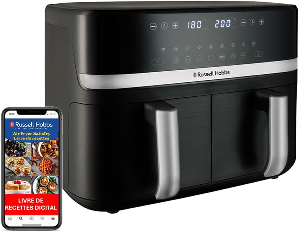 Russell Hobbs Air Fryer Rapid Air XXL (2 compartiments à 4,5 ou 9L total, Compact, silencieux, 9-en-1) Friteuse sans huile (économe, tactile, gril
