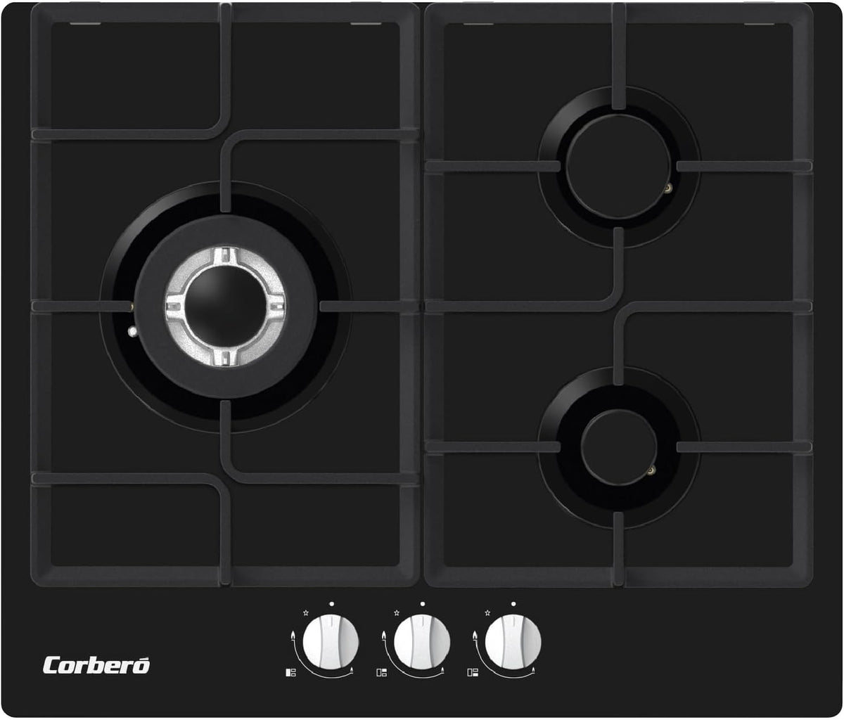 Corberó - Plaque gaz butane 60 cm, CPCGM3F3126N, Puissance 6,05 kW, 3 zones, Zone Wok, Auto-allumage, Couche de protection Clean+, Arrêt automatique