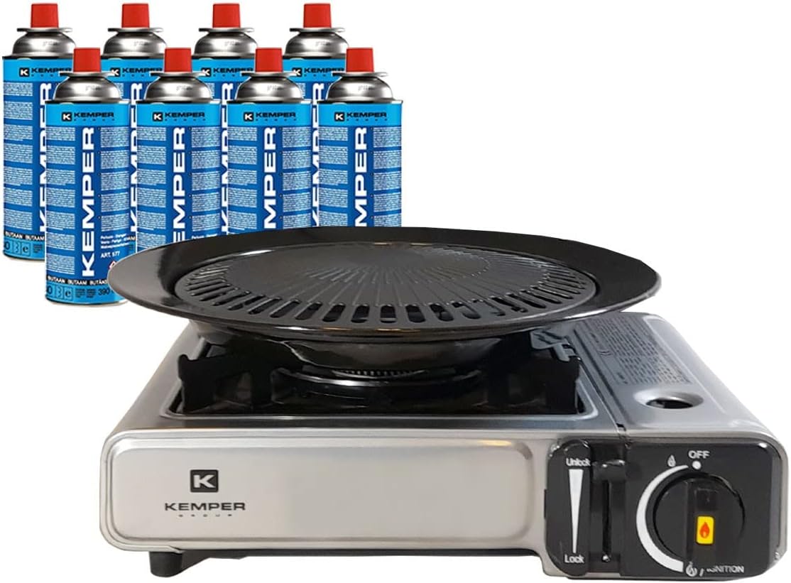 KEMPER - Barbecue Grill 2 en 1 Réchaud gaz piézo 2200 W + Plaque Grill + 8 Cartouches gaz Butane Camping