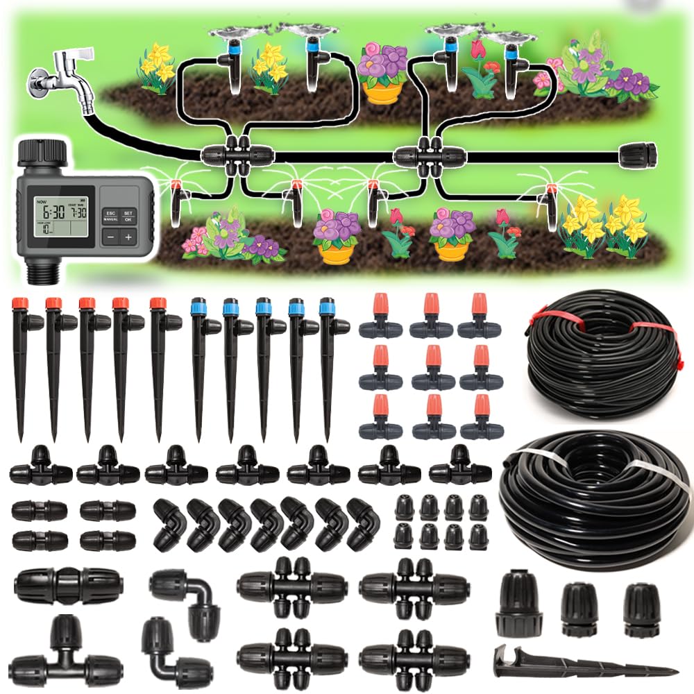 Système d'irrigation goutte à goutte de 71 m avec minuterie pour kit de jardin, équipement d'irrigation automatique, raccords de verrouillage