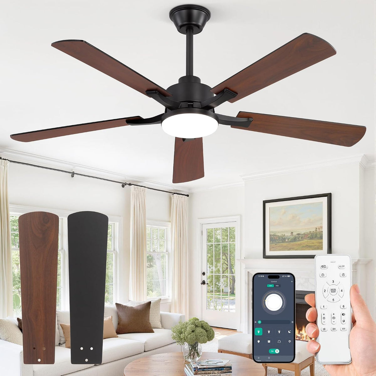 ZMISHIBO Ventilateur de Plafond avec Lumière LED 132 cm, Moteur DC Silencieux, 6 Vitesses, Télécommande & Application