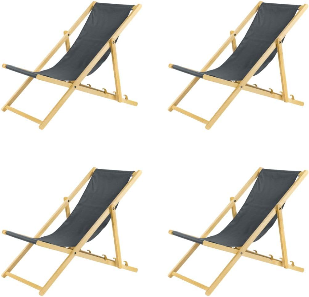 BAS Lot de 4 chaises longues pliantes - En bois - Idéale pour plage, jardin - Gris