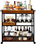 Chariot de service de style industriel avec roulettes, chariot de bar avec porte-verre et bouteilles, plateau amovible