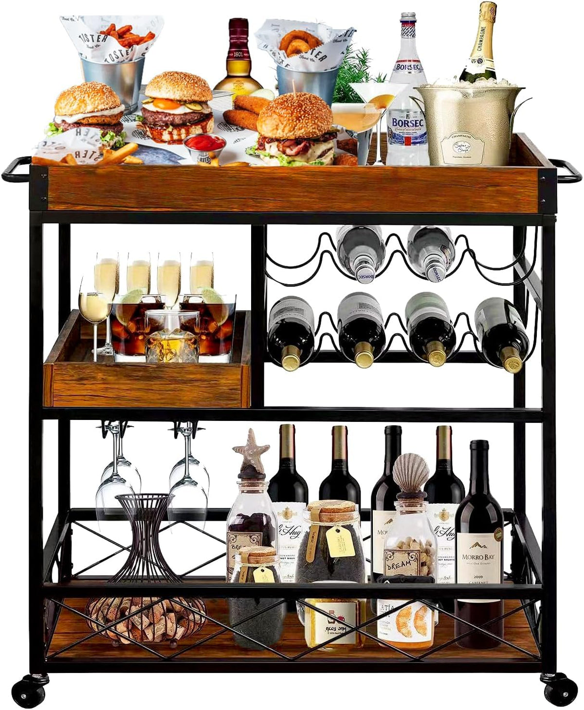 Chariot de service de style industriel avec roulettes, chariot de bar avec porte-verre et bouteilles, plateau amovible