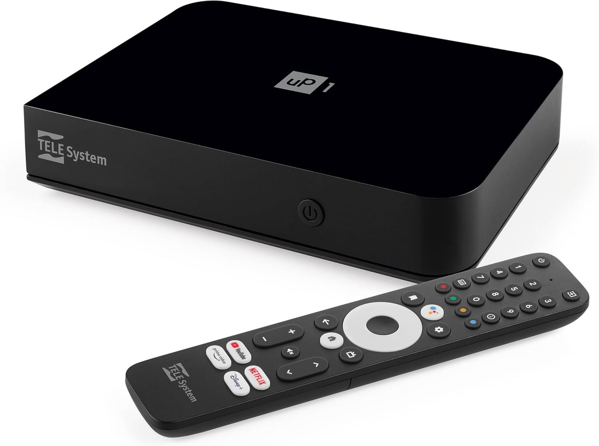 TELE System UP1 Décodeur numérique terrestre Android TV Ultra HD, Netflix Certified, Prime Video, Disney+, Chromecast intégré, DVB-T2 HEVC