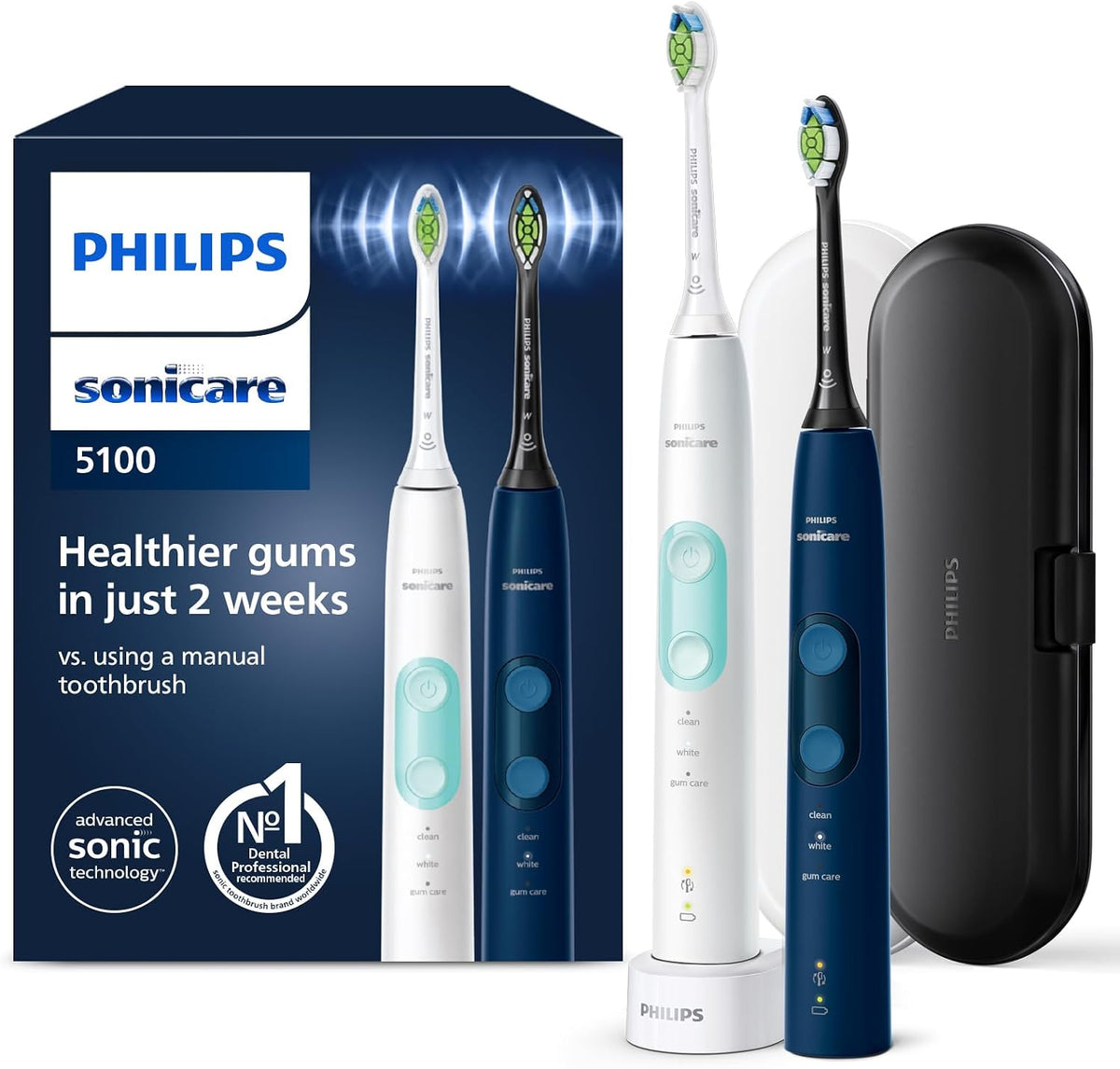 Philips Sonicare ProtectiveClean 5100 - Brosses à dents électriques avec 3 modes de brossage, capteur de pression, minuterie et étui de voyage