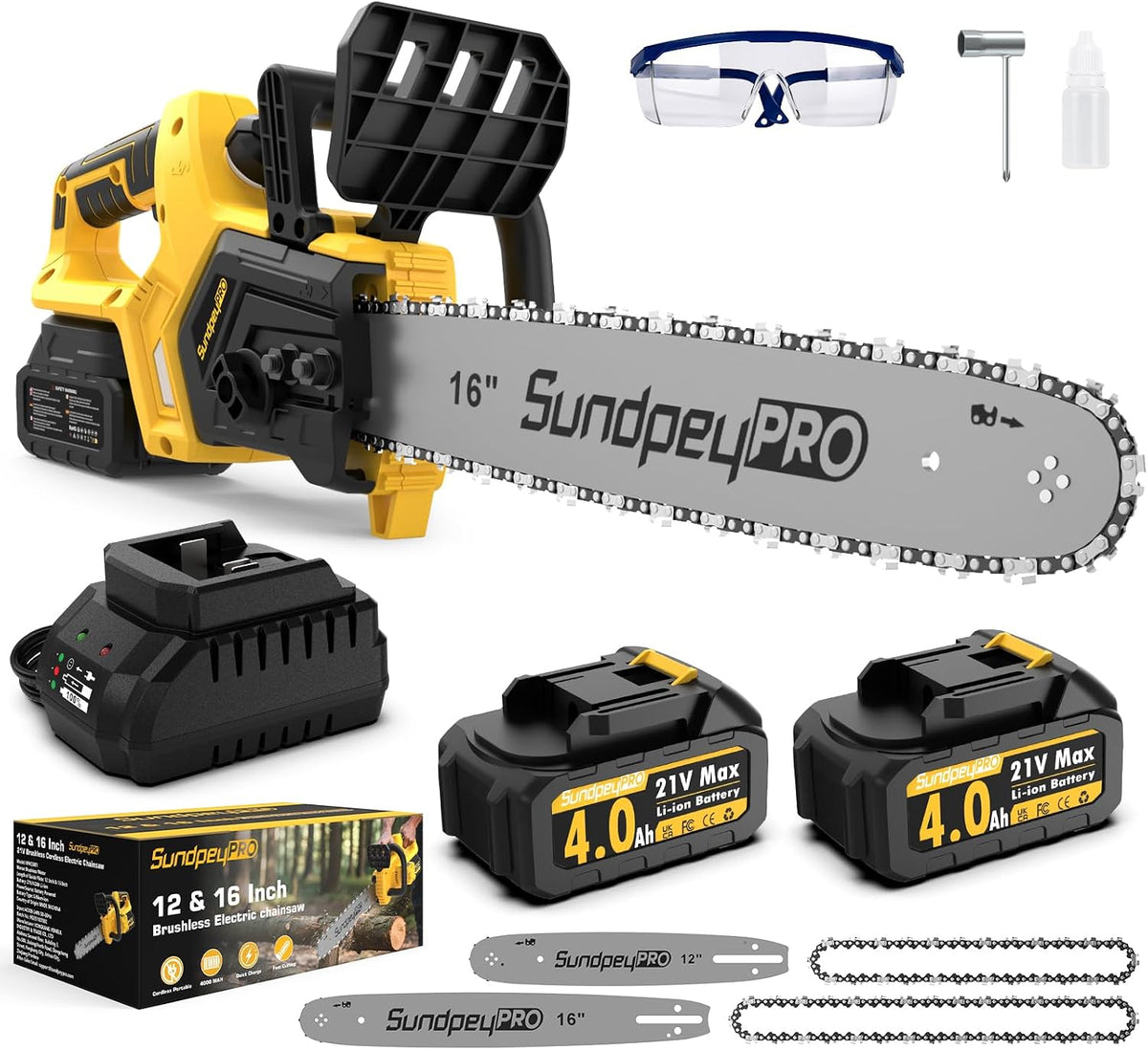 Tronçonneuse Sans Fil à Batterie, SundpeyPRO 12+16 Pouces Brushless Tronçonneuse éLectrique avec 2 x 4.0Ah Batterie, Débit D'huile Réglable