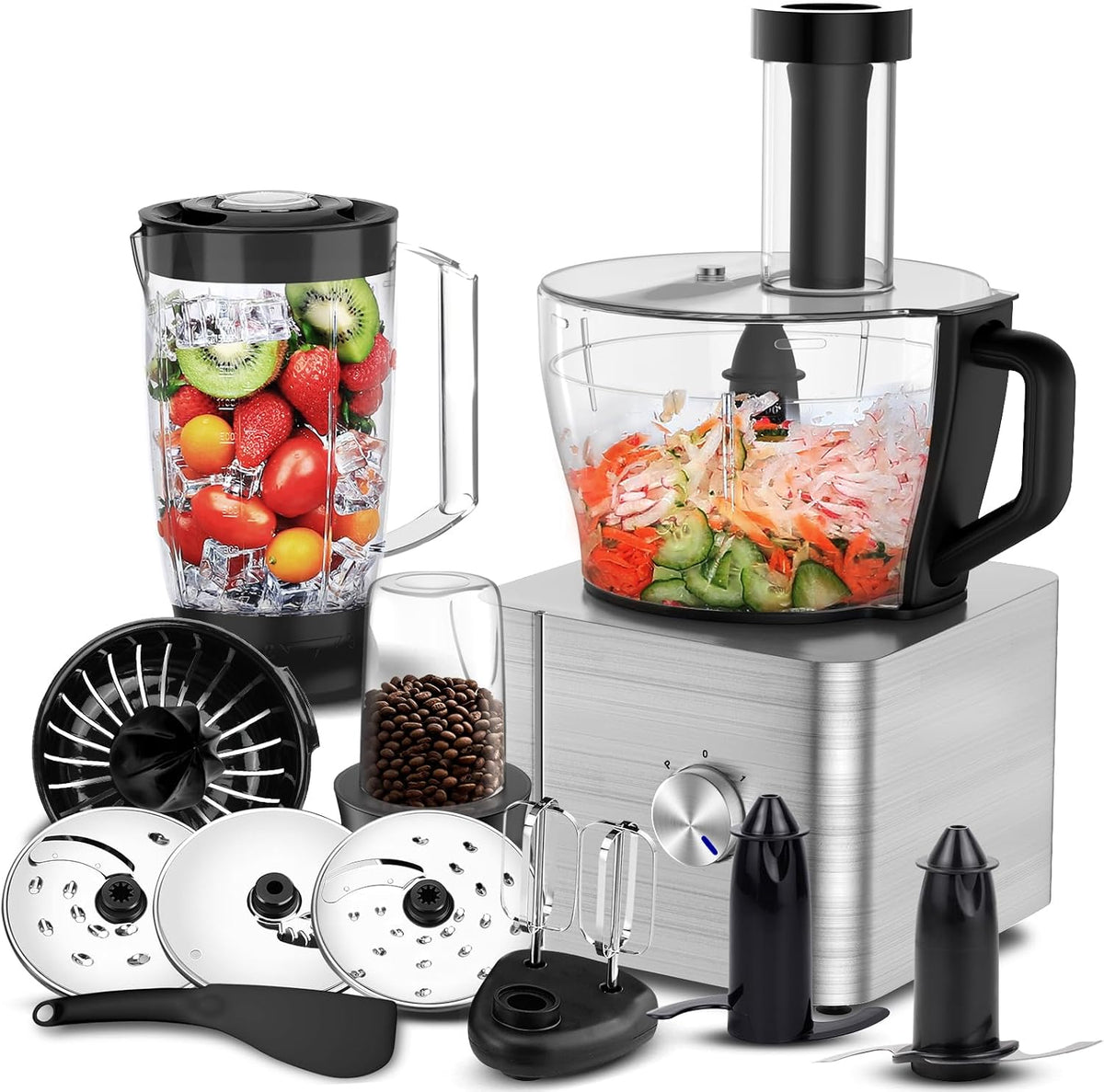 SNDOAS Robot Cuisine Multifonctions, 1100 W Robot Culinaire, Bol Mélangeur 3.2 L, Hachoir Multifonction, Mixeur 1.5 L, Moulin à café, Argent