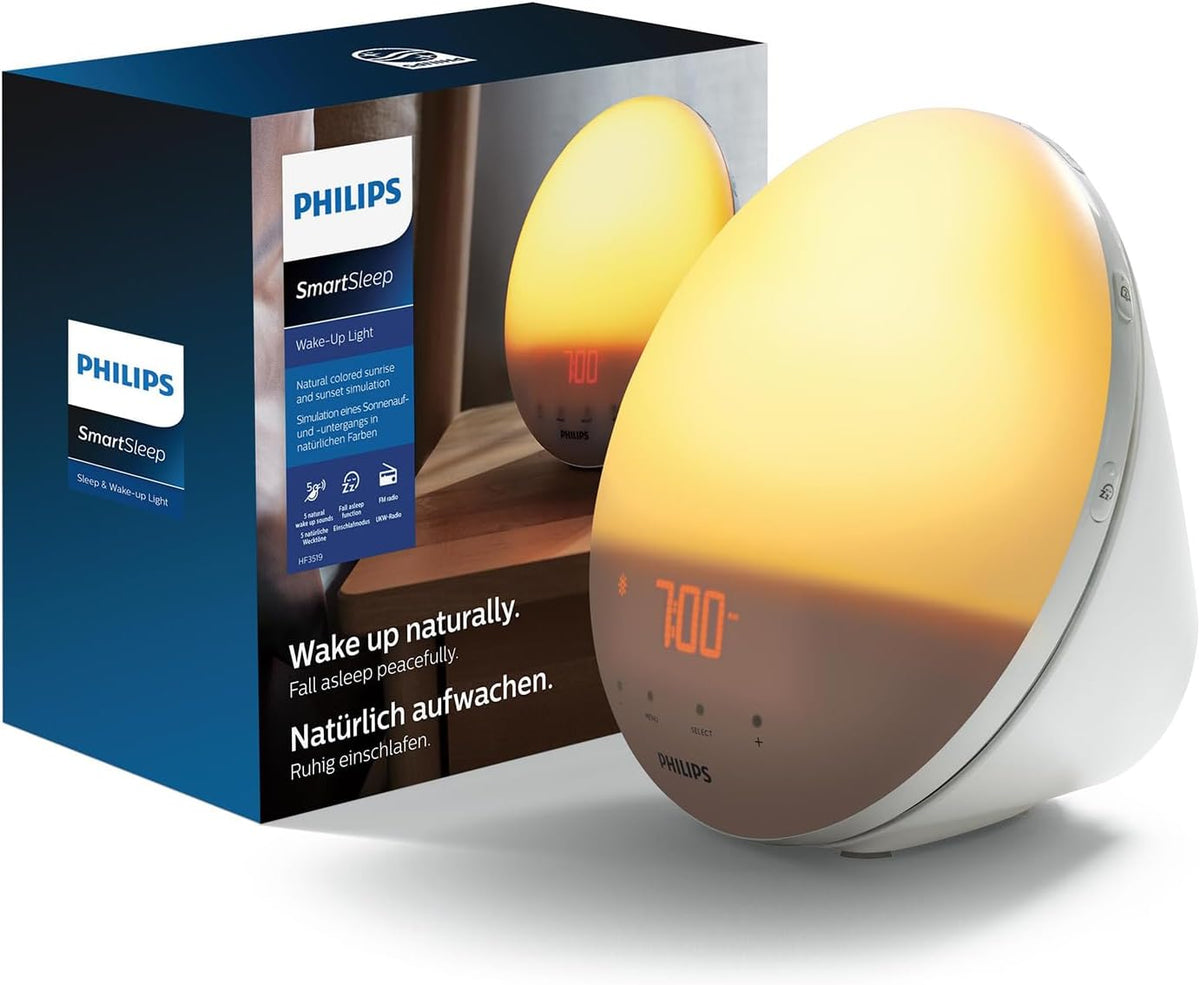 PHILIPS SmartSleep Wake-up Light, Lampe de réveil, Simulation colorée du lever de soleil, 20 niveaux de luminosité, 6 sons naturels
