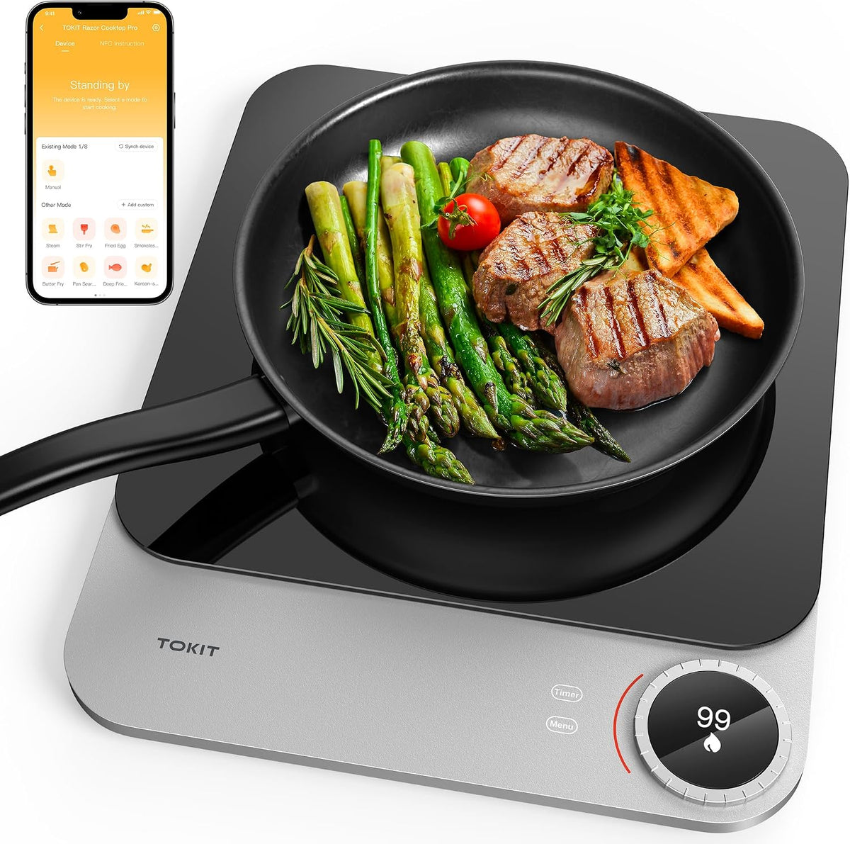 TOKIT 20 MM 99 Niveaux Plaque à Induction Ultra-Mince, 2100 W Plaque De Cuisson À Induction Portable, Home App Contrôle Manuel