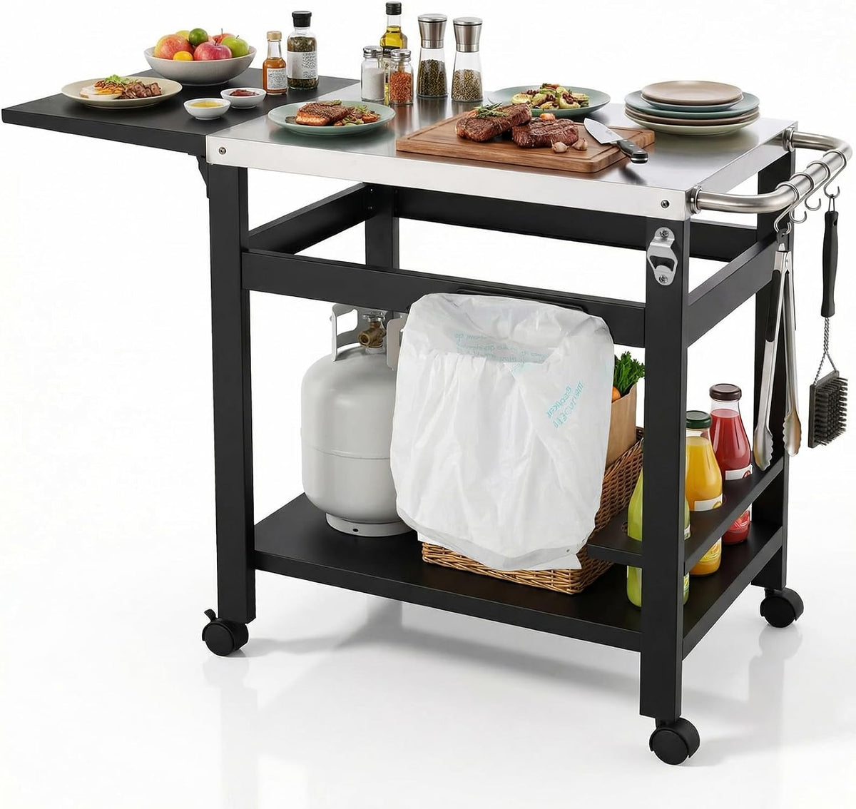 LIFERUN Desserte Barbecue Extérieur avec Table d'appoint Pliable, Chariot Plancha 2 Niveaux avec Dessus de Table en Acier INOX