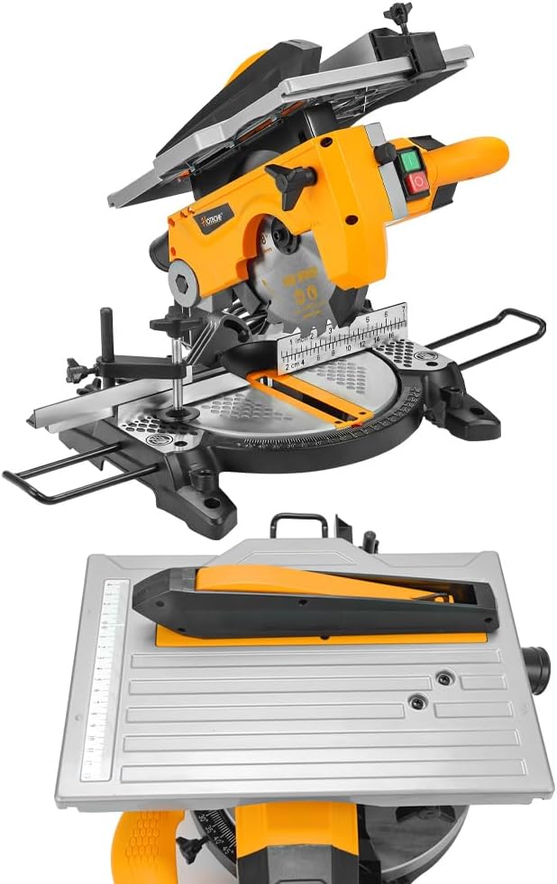 Hoteche Scie à onglet multifonction 210 mm 1200 W 4500 tr/min Moteur en cuivre Scie circulaire de table avec lame de scie TCT 210 x 30 mm 24T pour