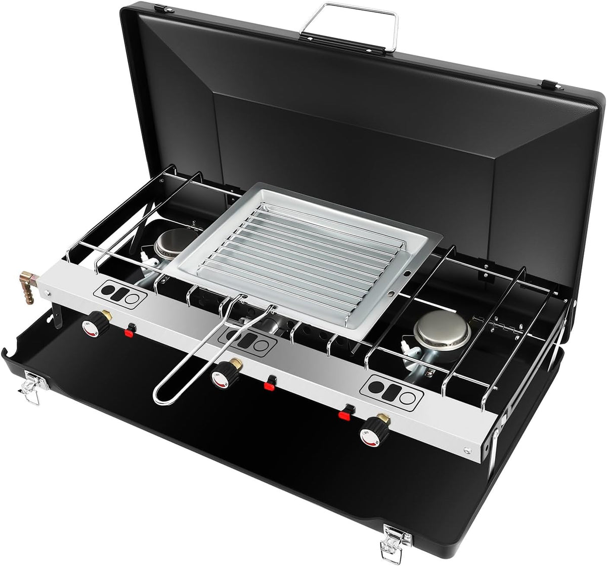 Réchaud de Camping Gaz 3 Feux Portable, Plaque de Cuisson Pliable, avec Allumage Piezo, Brûleurs Indépendants, Grill Barbecue pour Camping